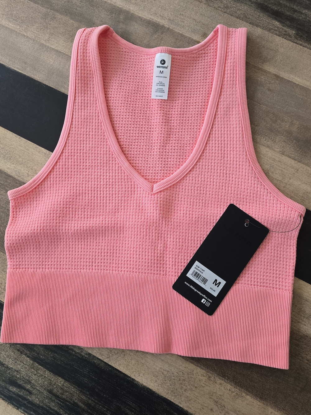Pink Ribbed Waffle V-Neck Crop Tank